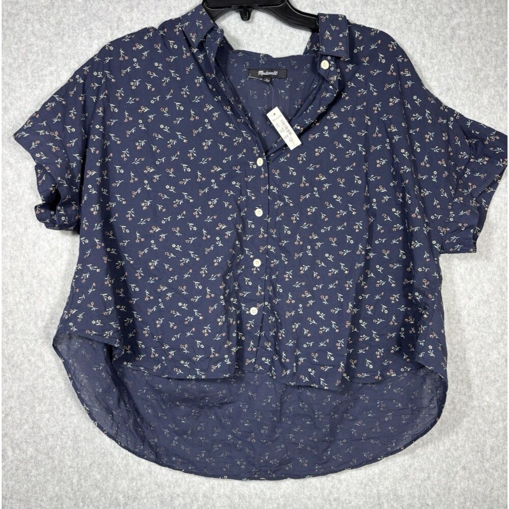 Madewell Hilltop Shirt Blue Lighweight Ditsy Short Sleeve Floral Boxy Size Large